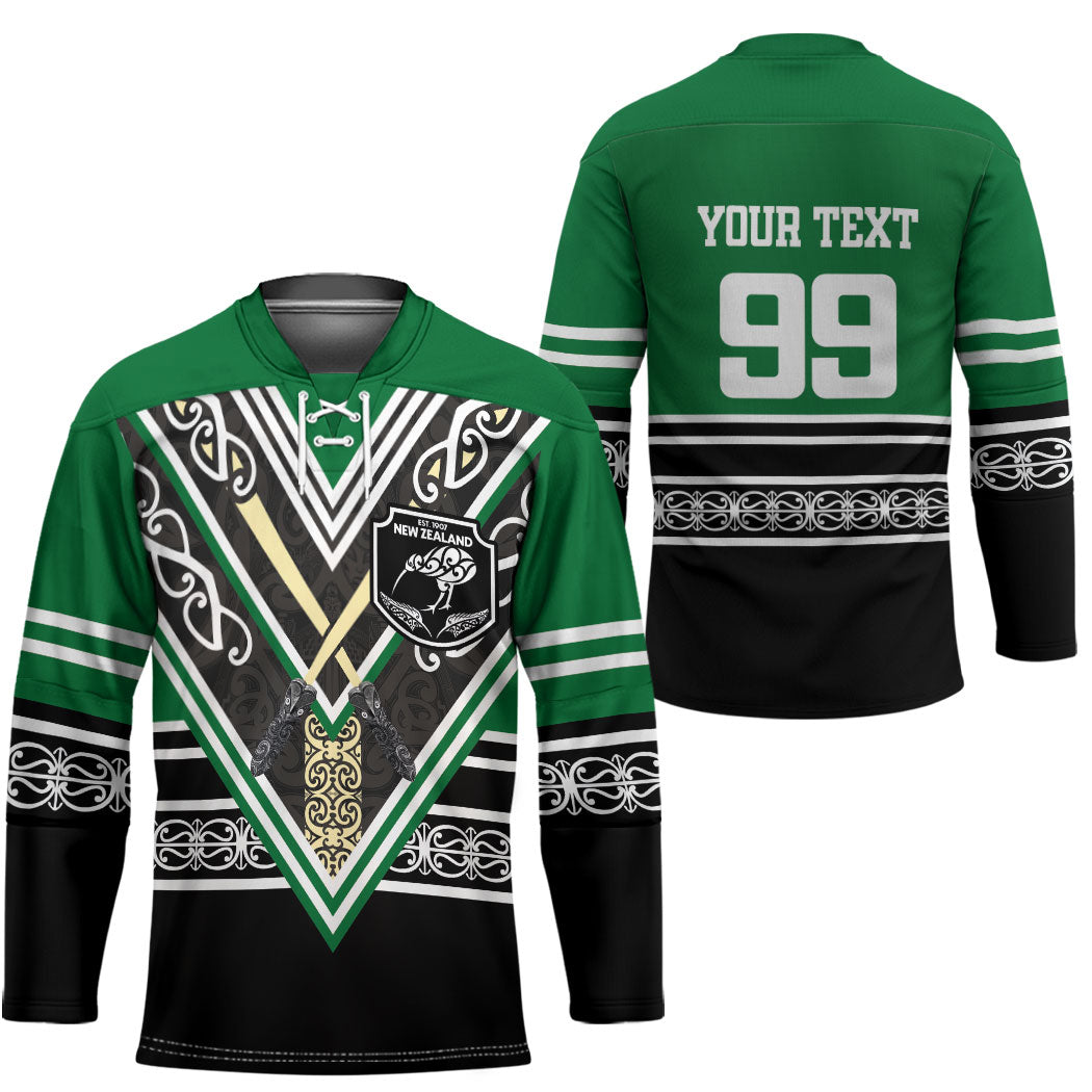 New Zealand Maori Rugby Custom Hockey Jersey Aotearoa Koru Geometric - Naturalistic Green