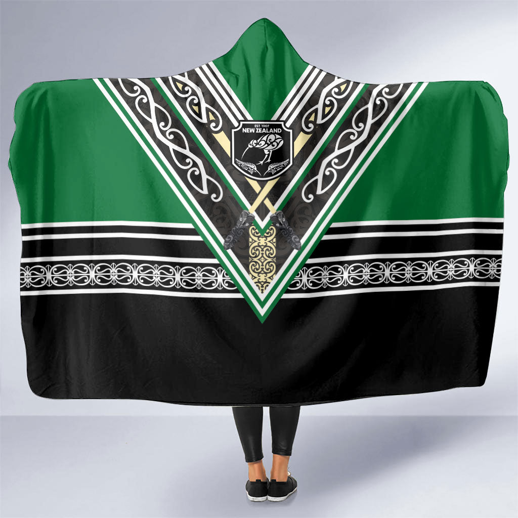 New Zealand Maori Rugby Hooded Blanket Aotearoa Koru Geometric - Naturalistic Green