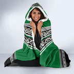 New Zealand Maori Rugby Hooded Blanket Aotearoa Koru Geometric - Naturalistic Green