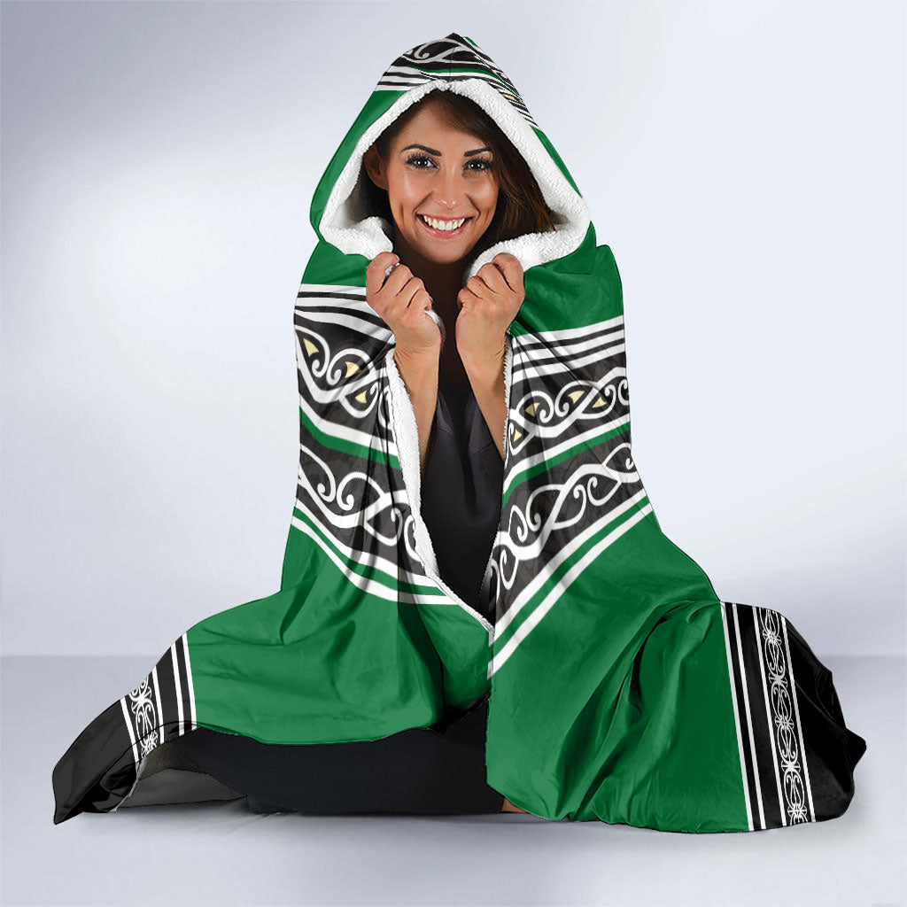 New Zealand Maori Rugby Hooded Blanket Aotearoa Koru Geometric - Naturalistic Green