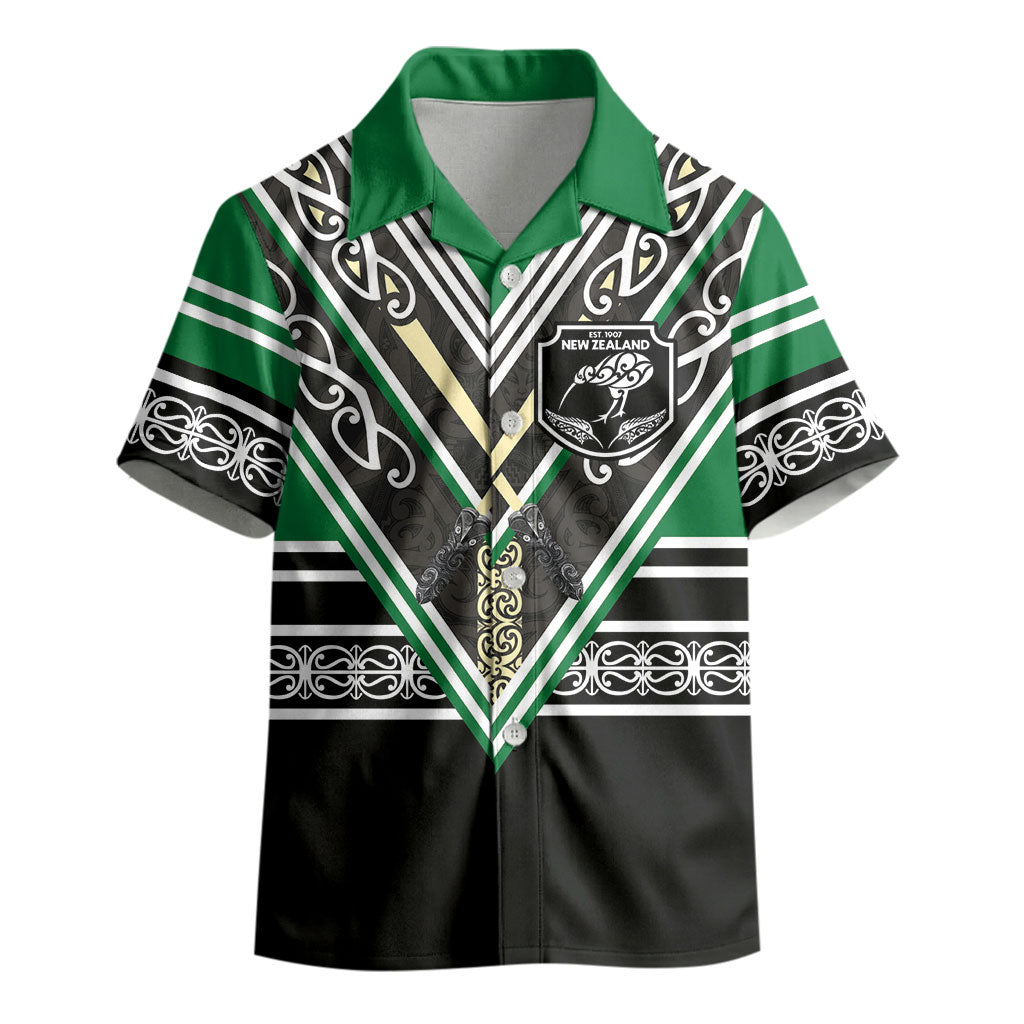 New Zealand Maori Rugby Custom Kid Hawaiian Shirt Aotearoa Koru Geometric - Naturalistic Green