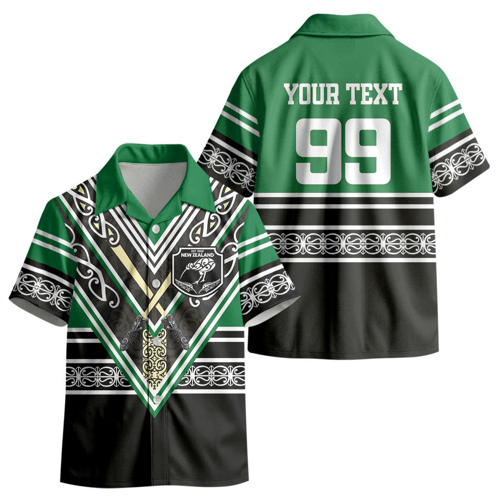 New Zealand Maori Rugby Custom Kid Hawaiian Shirt Aotearoa Koru Geometric - Naturalistic Green
