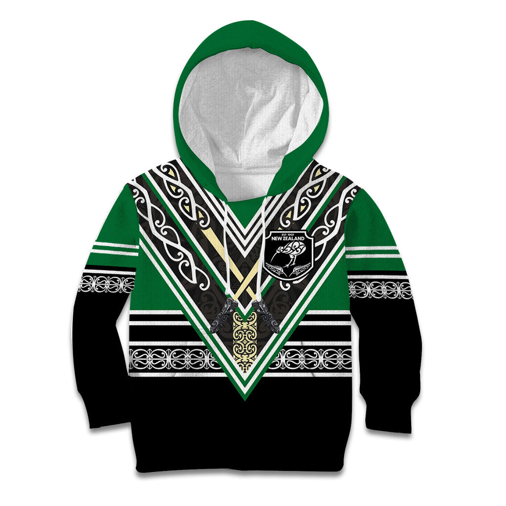 New Zealand Maori Rugby Custom Kid Hoodie Aotearoa Koru Geometric - Naturalistic Green