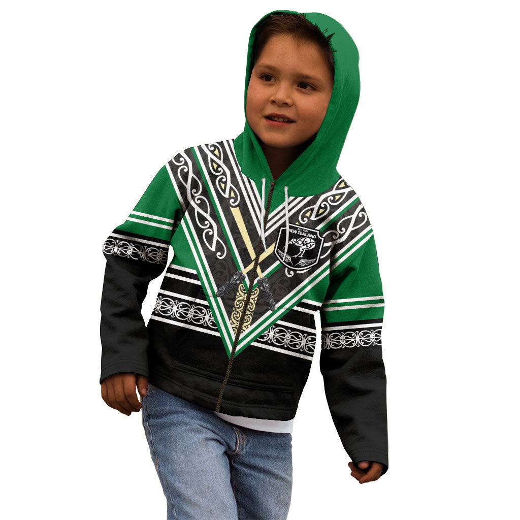 New Zealand Maori Rugby Custom Kid Hoodie Aotearoa Koru Geometric - Naturalistic Green