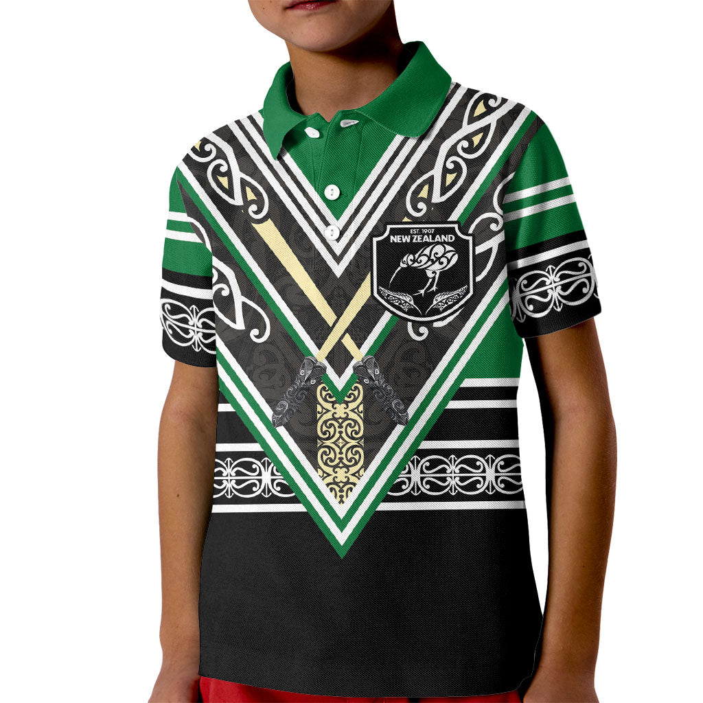 New Zealand Maori Rugby Custom Kid Polo Shirt Aotearoa Koru Geometric - Naturalistic Green