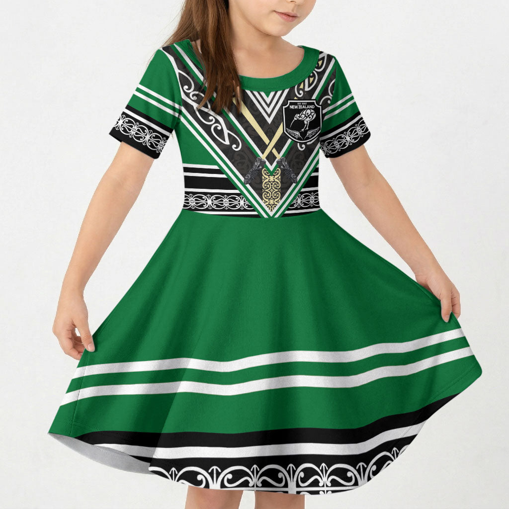 New Zealand Maori Rugby Custom Kid Short Sleeve Dress Aotearoa Koru Geometric - Naturalistic Green