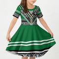 New Zealand Maori Rugby Custom Kid Short Sleeve Dress Aotearoa Koru Geometric - Naturalistic Green