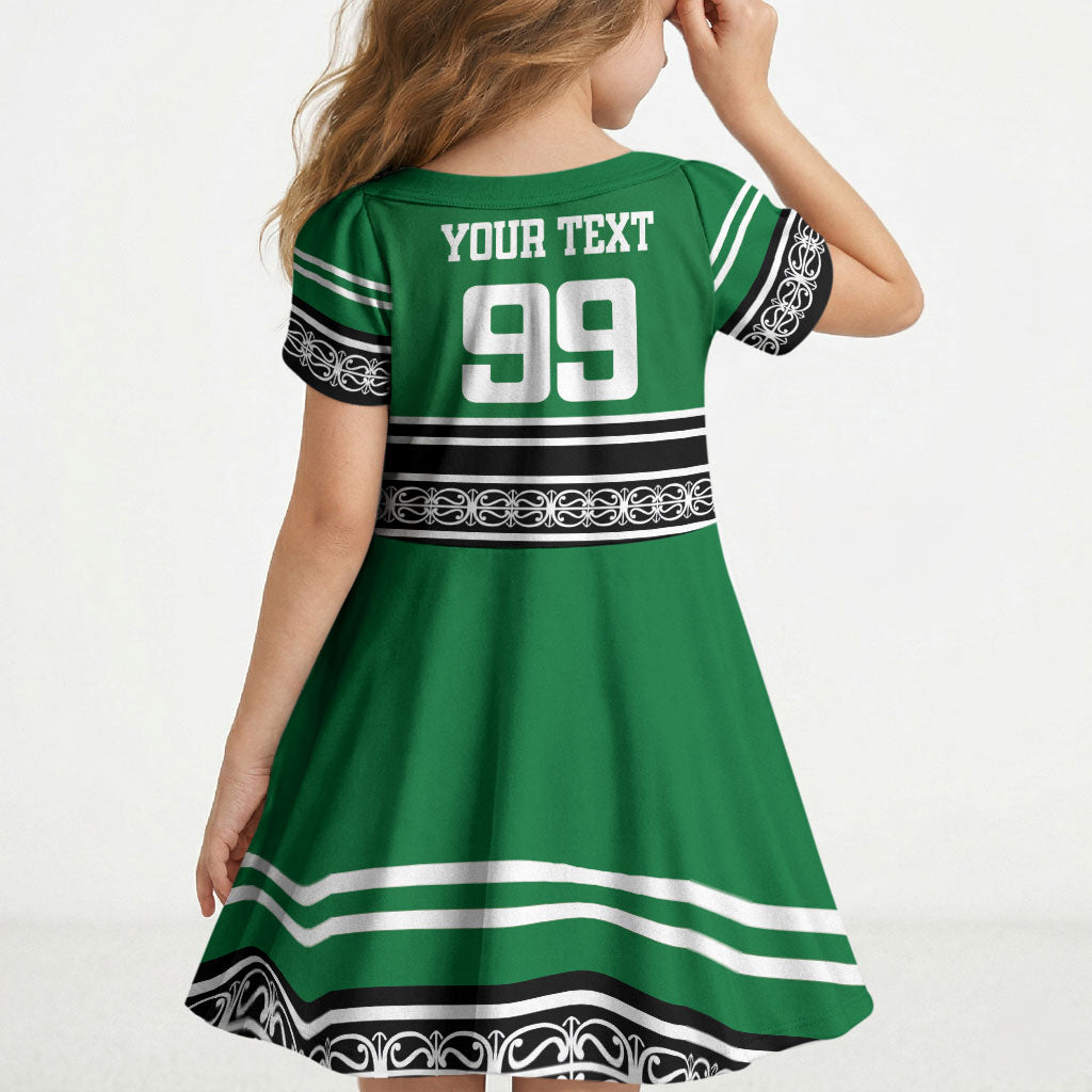 New Zealand Maori Rugby Custom Kid Short Sleeve Dress Aotearoa Koru Geometric - Naturalistic Green