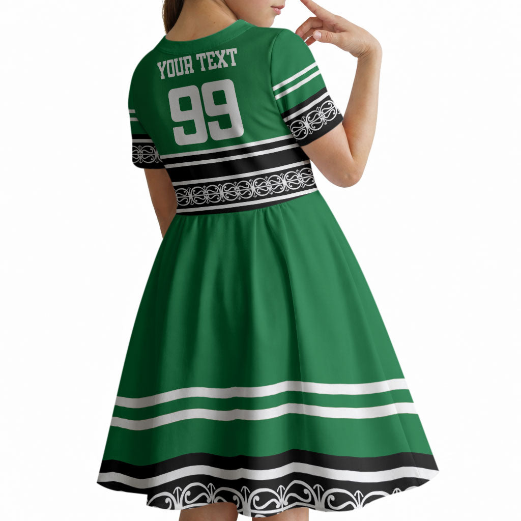 New Zealand Maori Rugby Custom Kid Short Sleeve Dress Aotearoa Koru Geometric - Naturalistic Green