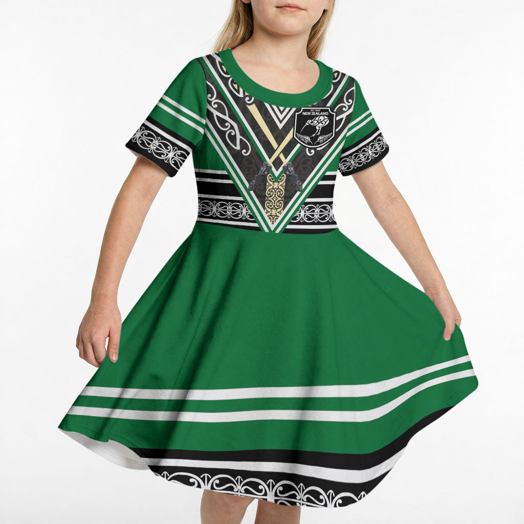 New Zealand Maori Rugby Custom Kid Short Sleeve Dress Aotearoa Koru Geometric - Naturalistic Green