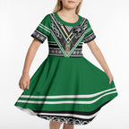 New Zealand Maori Rugby Custom Kid Short Sleeve Dress Aotearoa Koru Geometric - Naturalistic Green