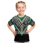New Zealand Maori Rugby Custom Kid T Shirt Aotearoa Koru Geometric - Naturalistic Green