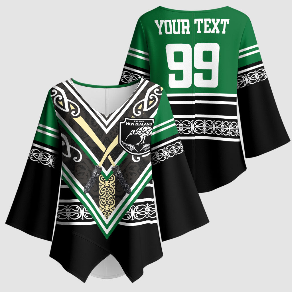 New Zealand Maori Rugby Custom Kimono Sleeve Blouse Aotearoa Koru Geometric - Naturalistic Green