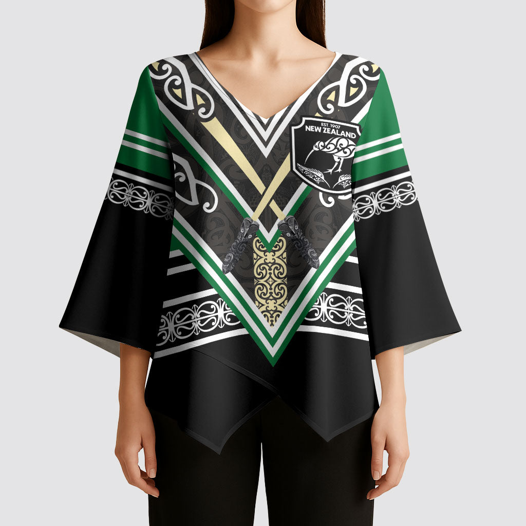 New Zealand Maori Rugby Custom Kimono Sleeve Blouse Aotearoa Koru Geometric - Naturalistic Green