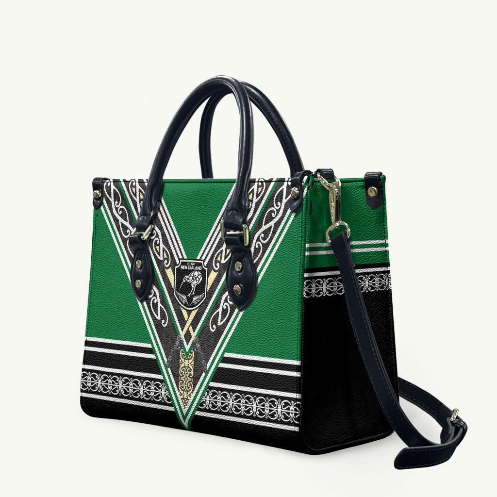 New Zealand Maori Rugby Leather Bag Aotearoa Koru Geometric - Naturalistic Green