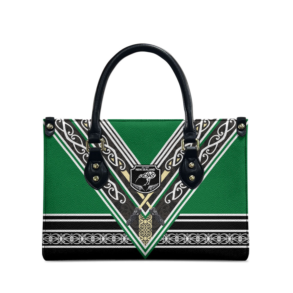 New Zealand Maori Rugby Leather Bag Aotearoa Koru Geometric - Naturalistic Green