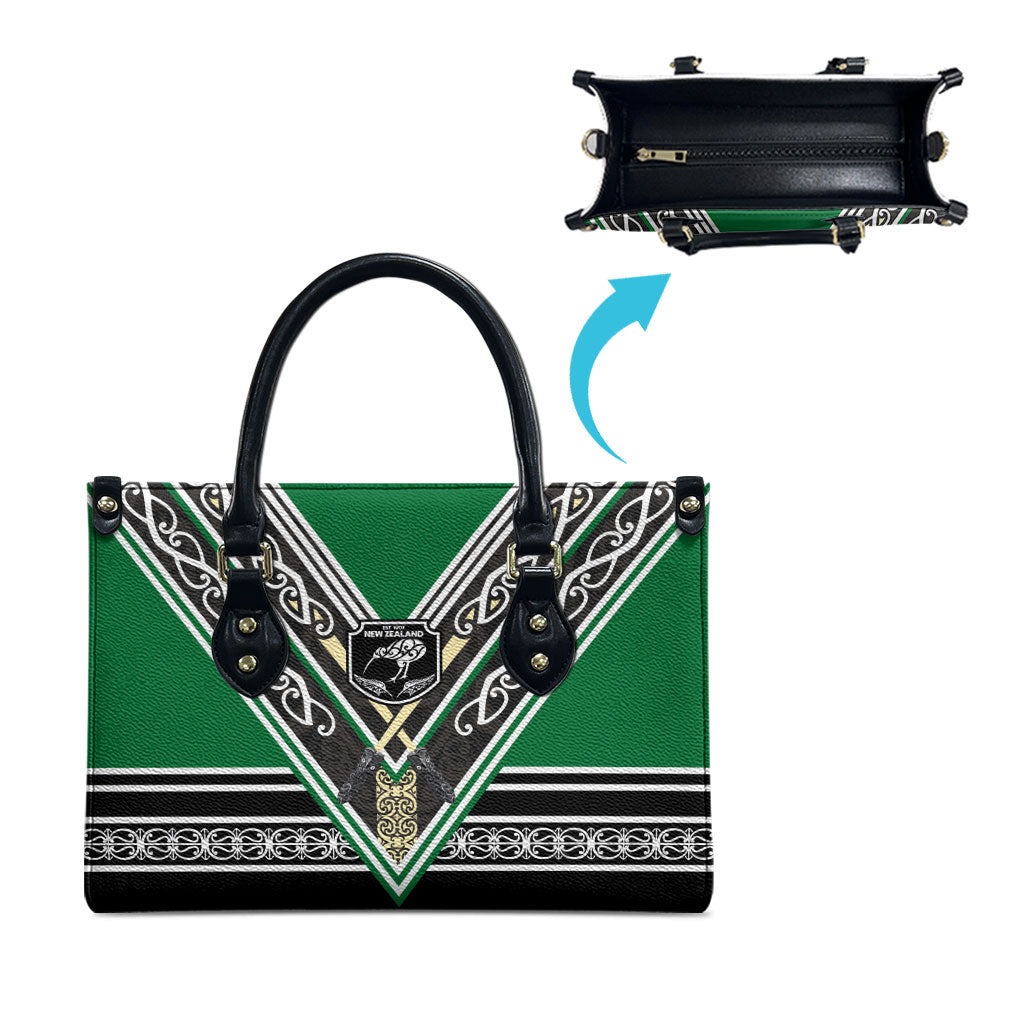 New Zealand Maori Rugby Leather Bag Aotearoa Koru Geometric - Naturalistic Green