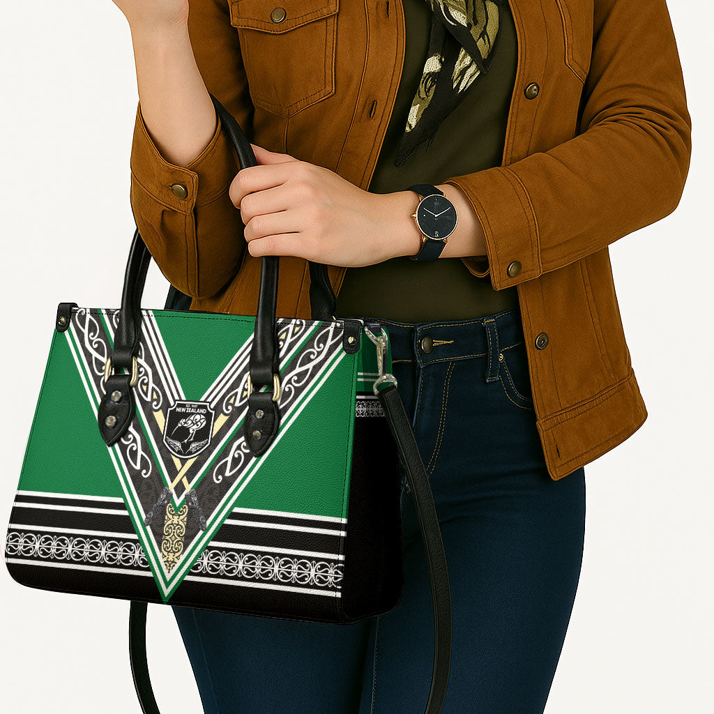 New Zealand Maori Rugby Leather Bag Aotearoa Koru Geometric - Naturalistic Green