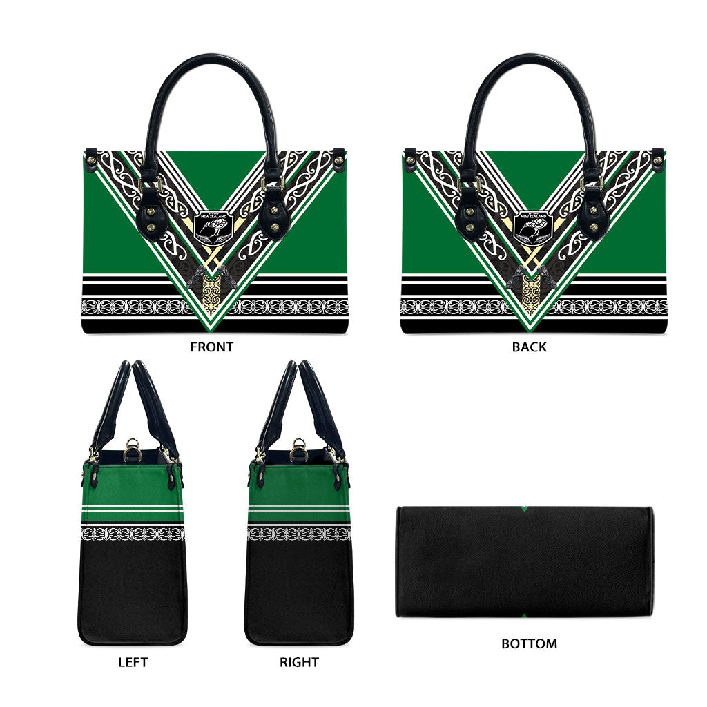 New Zealand Maori Rugby Leather Bag Aotearoa Koru Geometric - Naturalistic Green