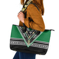 New Zealand Maori Rugby Leather Tote Bag Aotearoa Koru Geometric - Naturalistic Green