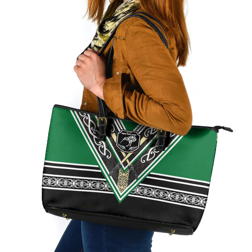 New Zealand Maori Rugby Leather Tote Bag Aotearoa Koru Geometric - Naturalistic Green