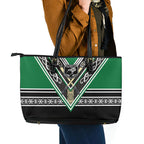 New Zealand Maori Rugby Leather Tote Bag Aotearoa Koru Geometric - Naturalistic Green