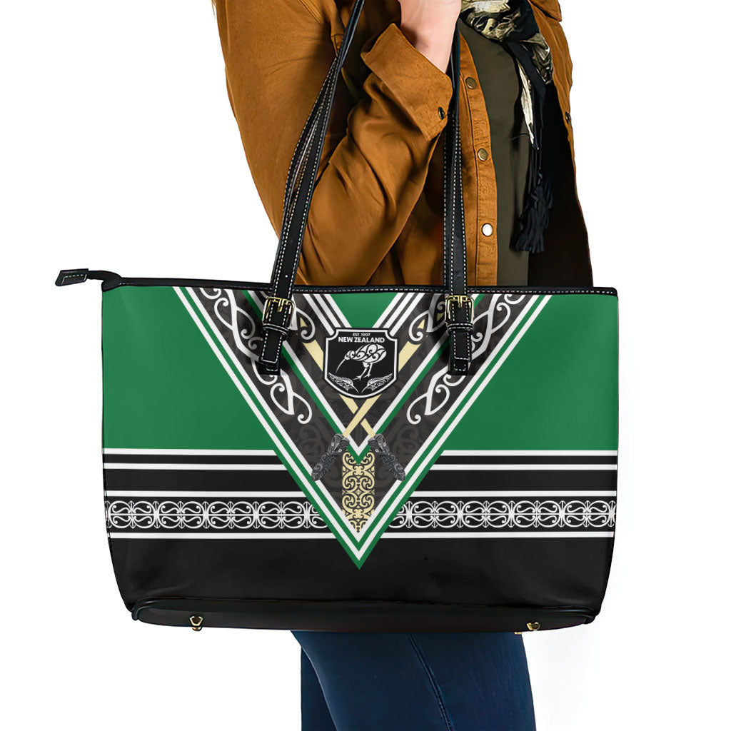New Zealand Maori Rugby Leather Tote Bag Aotearoa Koru Geometric - Naturalistic Green