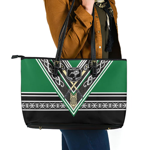 New Zealand Maori Rugby Leather Tote Bag Aotearoa Koru Geometric - Naturalistic Green