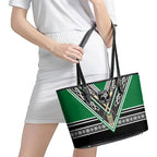 New Zealand Maori Rugby Leather Tote Bag Aotearoa Koru Geometric - Naturalistic Green