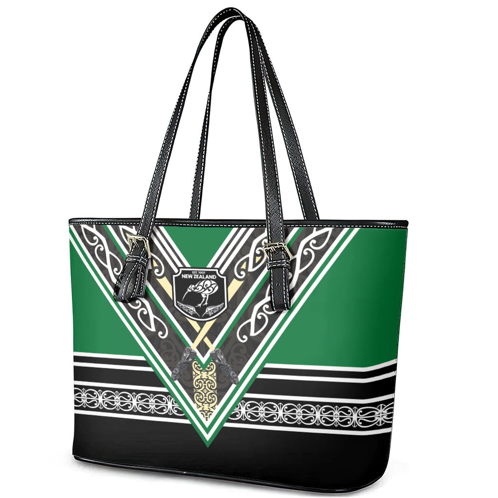 New Zealand Maori Rugby Leather Tote Bag Aotearoa Koru Geometric - Naturalistic Green