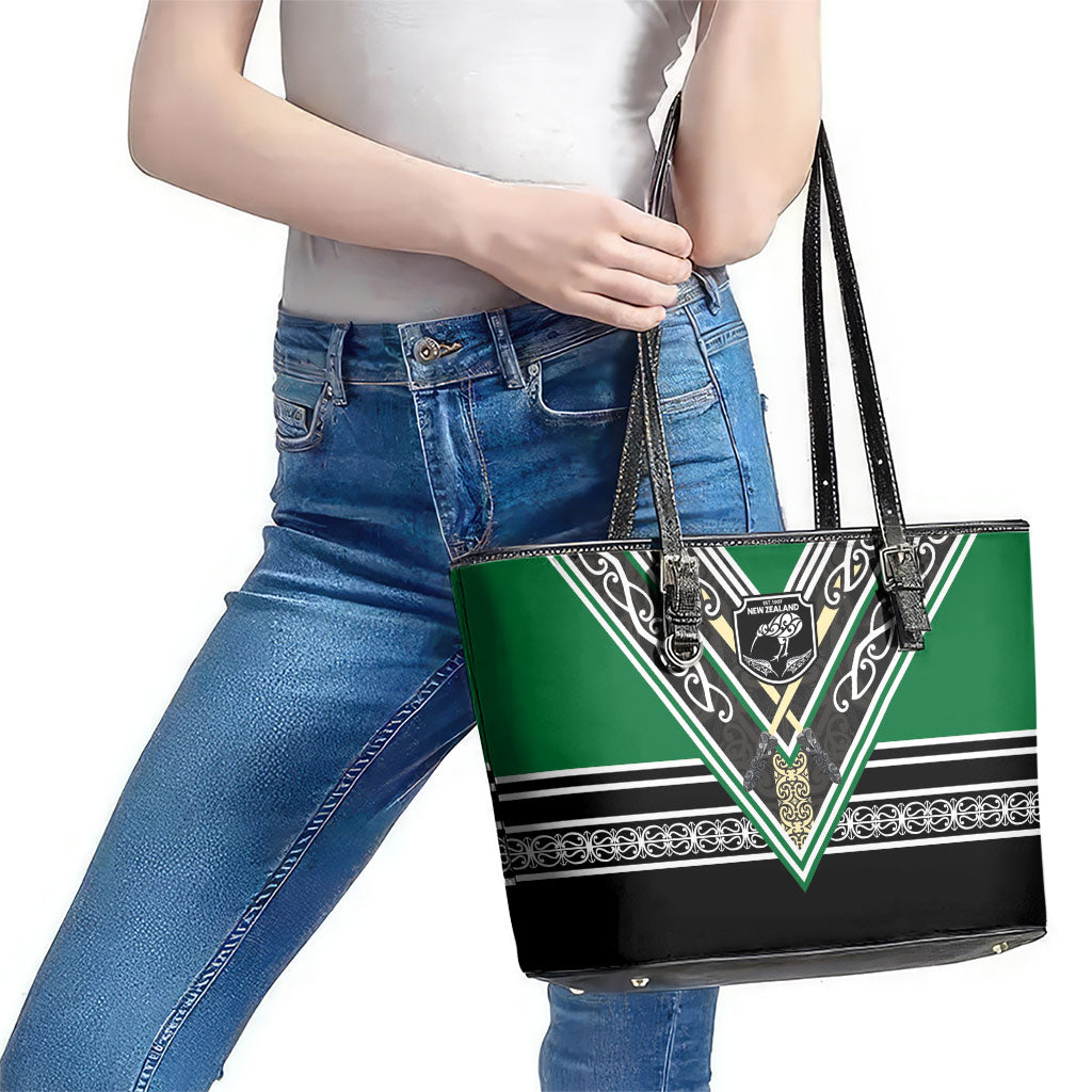 New Zealand Maori Rugby Leather Tote Bag Aotearoa Koru Geometric - Naturalistic Green