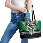 New Zealand Maori Rugby Leather Tote Bag Aotearoa Koru Geometric - Naturalistic Green