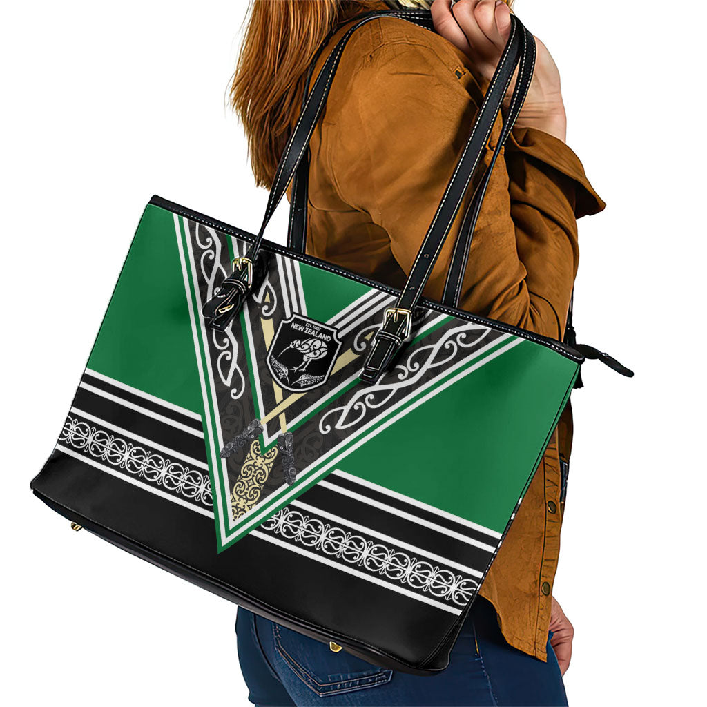 New Zealand Maori Rugby Leather Tote Bag Aotearoa Koru Geometric - Naturalistic Green