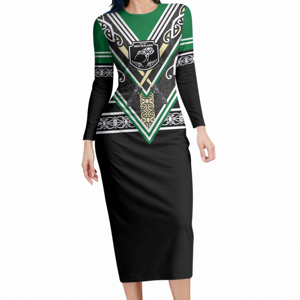 New Zealand Maori Rugby Custom Long Sleeve Bodycon Dress Aotearoa Koru Geometric - Naturalistic Green