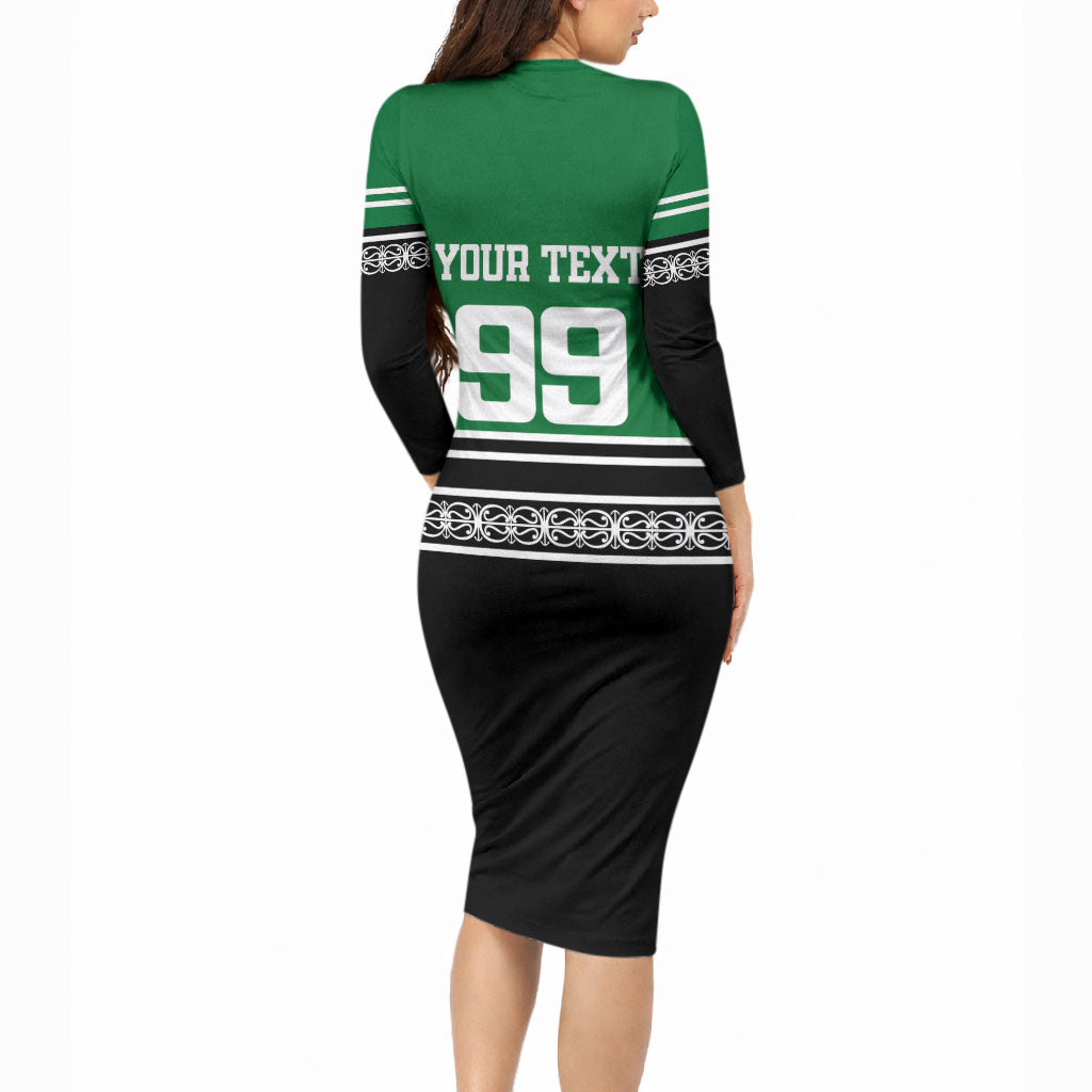 New Zealand Maori Rugby Custom Long Sleeve Bodycon Dress Aotearoa Koru Geometric - Naturalistic Green