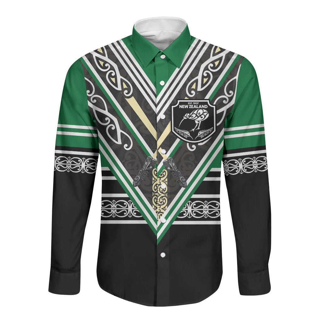 New Zealand Maori Rugby Custom Long Sleeve Button Shirt Aotearoa Koru Geometric - Naturalistic Green