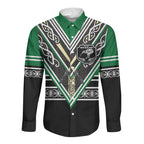New Zealand Maori Rugby Custom Long Sleeve Button Shirt Aotearoa Koru Geometric - Naturalistic Green