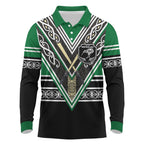 New Zealand Maori Rugby Custom Long Sleeve Polo Shirt Aotearoa Koru Geometric - Naturalistic Green