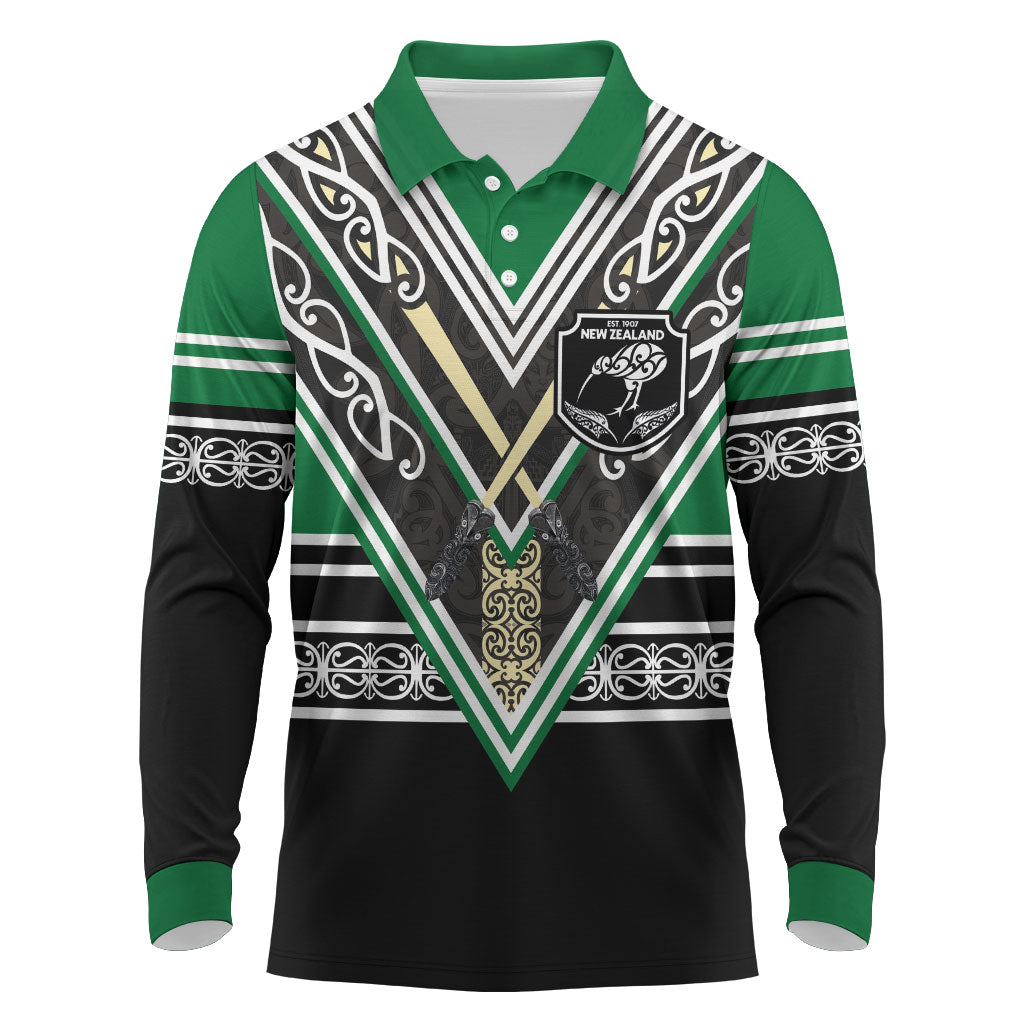 New Zealand Maori Rugby Custom Long Sleeve Polo Shirt Aotearoa Koru Geometric - Naturalistic Green