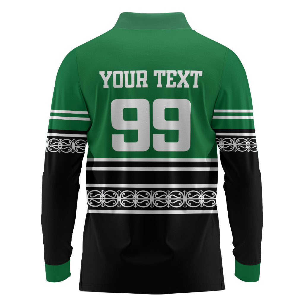 New Zealand Maori Rugby Custom Long Sleeve Polo Shirt Aotearoa Koru Geometric - Naturalistic Green