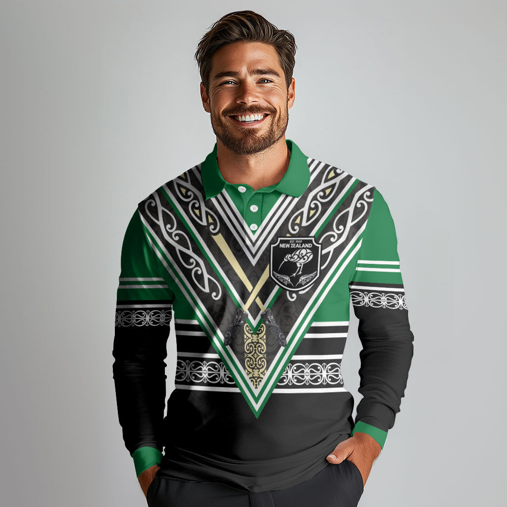 New Zealand Maori Rugby Custom Long Sleeve Polo Shirt Aotearoa Koru Geometric - Naturalistic Green