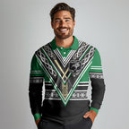 New Zealand Maori Rugby Custom Long Sleeve Polo Shirt Aotearoa Koru Geometric - Naturalistic Green