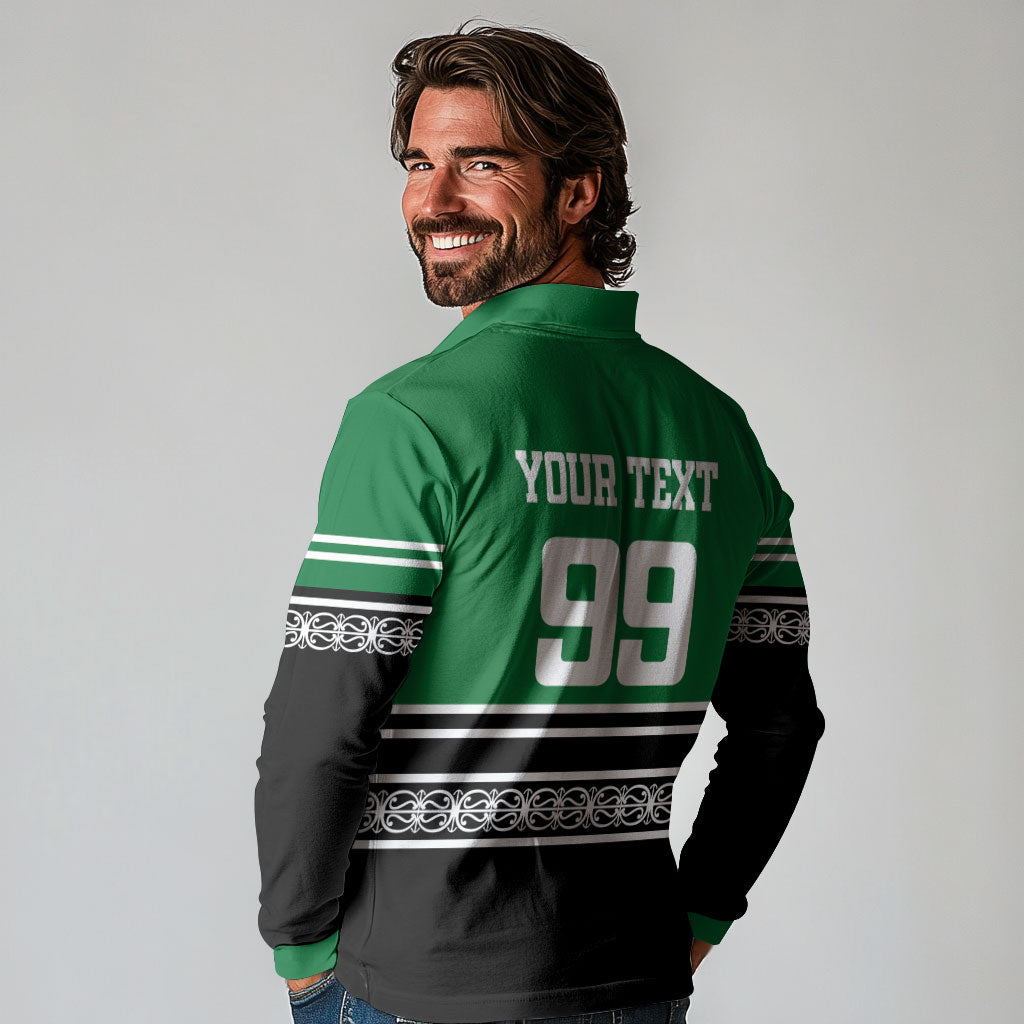 New Zealand Maori Rugby Custom Long Sleeve Polo Shirt Aotearoa Koru Geometric - Naturalistic Green