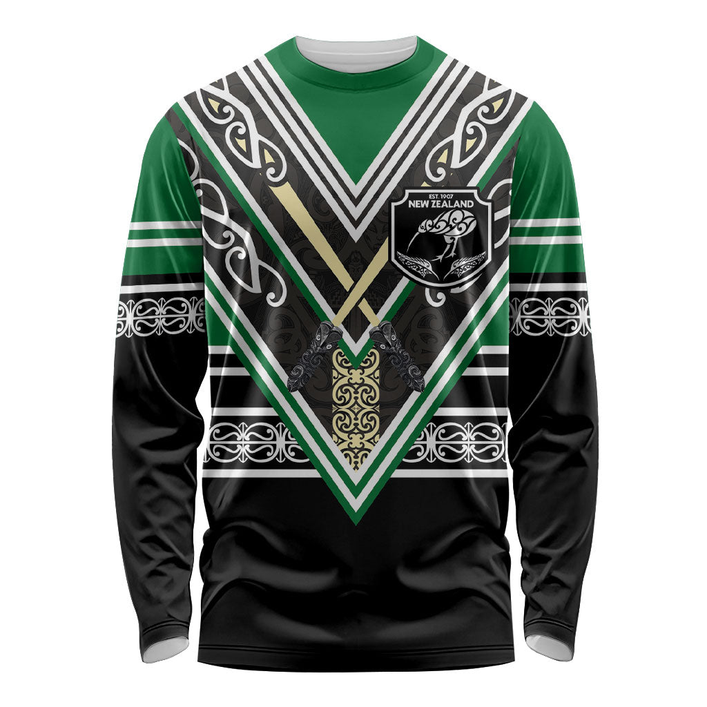 New Zealand Maori Rugby Custom Long Sleeve Shirt Aotearoa Koru Geometric - Naturalistic Green