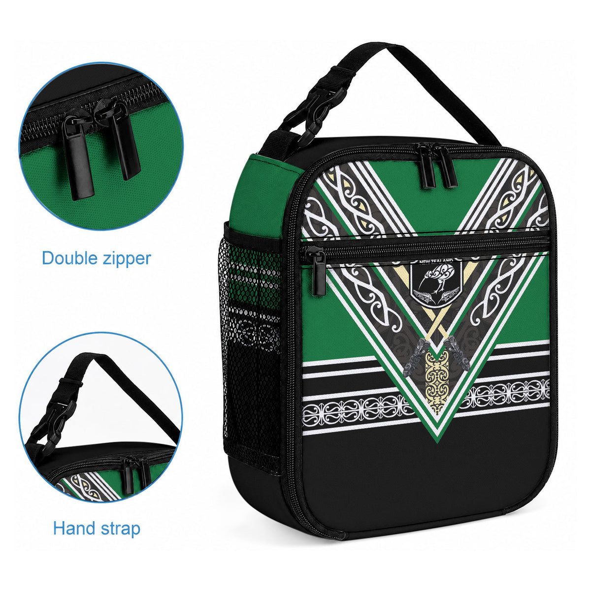 New Zealand Maori Rugby Lunch Bag Aotearoa Koru Geometric - Naturalistic Green