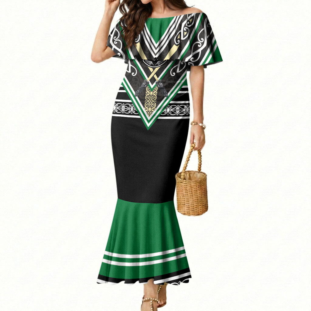 New Zealand Maori Rugby Custom Mermaid Dress Aotearoa Koru Geometric - Naturalistic Green