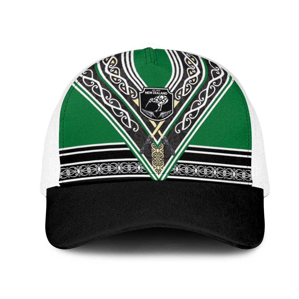 New Zealand Maori Rugby Mesh Trucker Cap Aotearoa Koru Geometric - Naturalistic Green