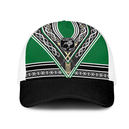 New Zealand Maori Rugby Mesh Trucker Cap Aotearoa Koru Geometric - Naturalistic Green