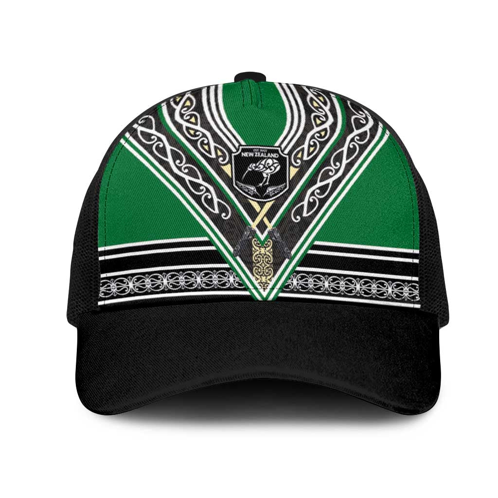 New Zealand Maori Rugby Mesh Trucker Cap Aotearoa Koru Geometric - Naturalistic Green