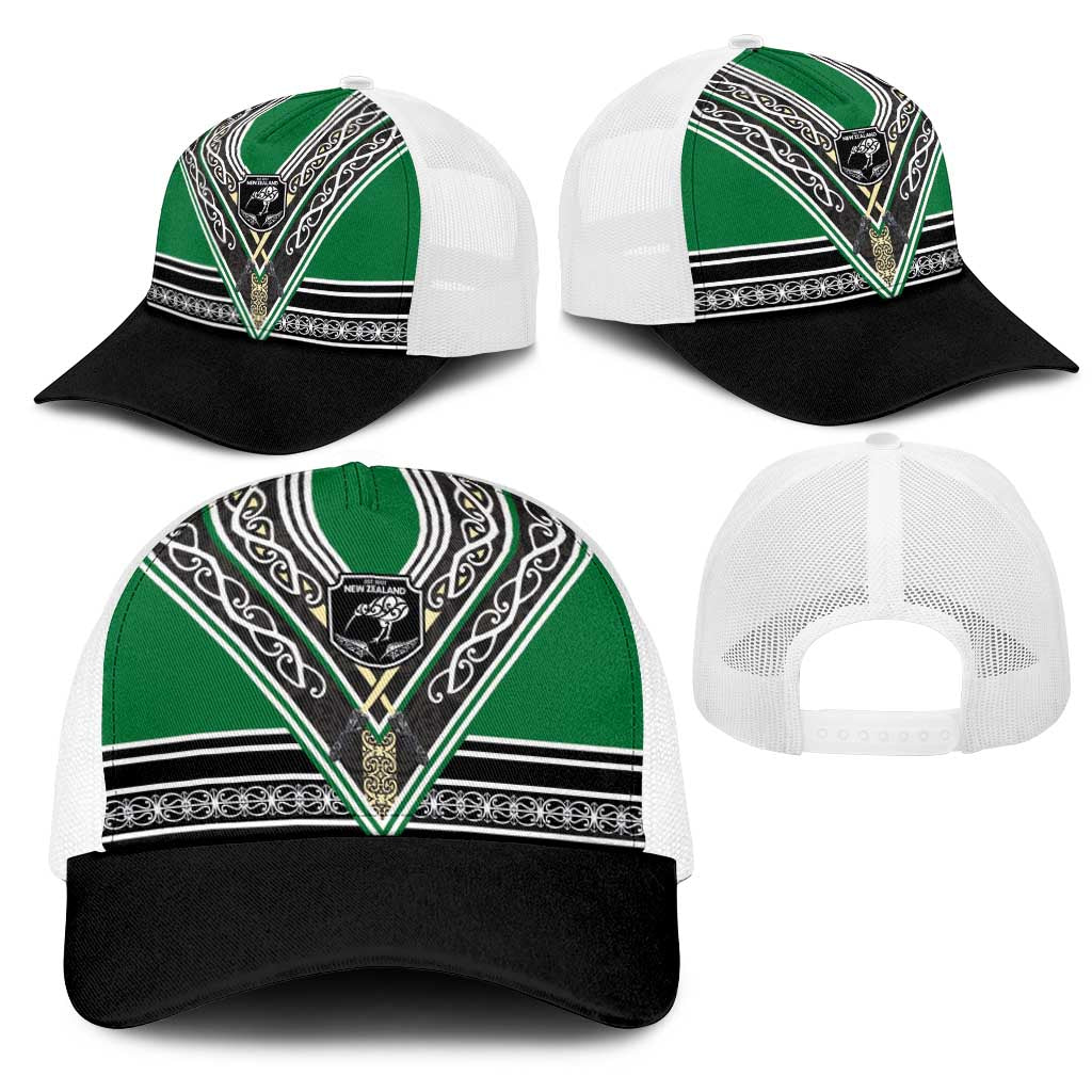 New Zealand Maori Rugby Mesh Trucker Cap Aotearoa Koru Geometric - Naturalistic Green